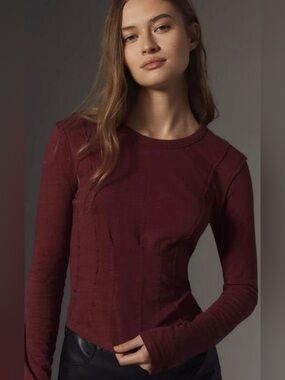 PILCRO Anthropologie Seamed Crop Top  Burgundy Lightweigt Pintuck Sz S